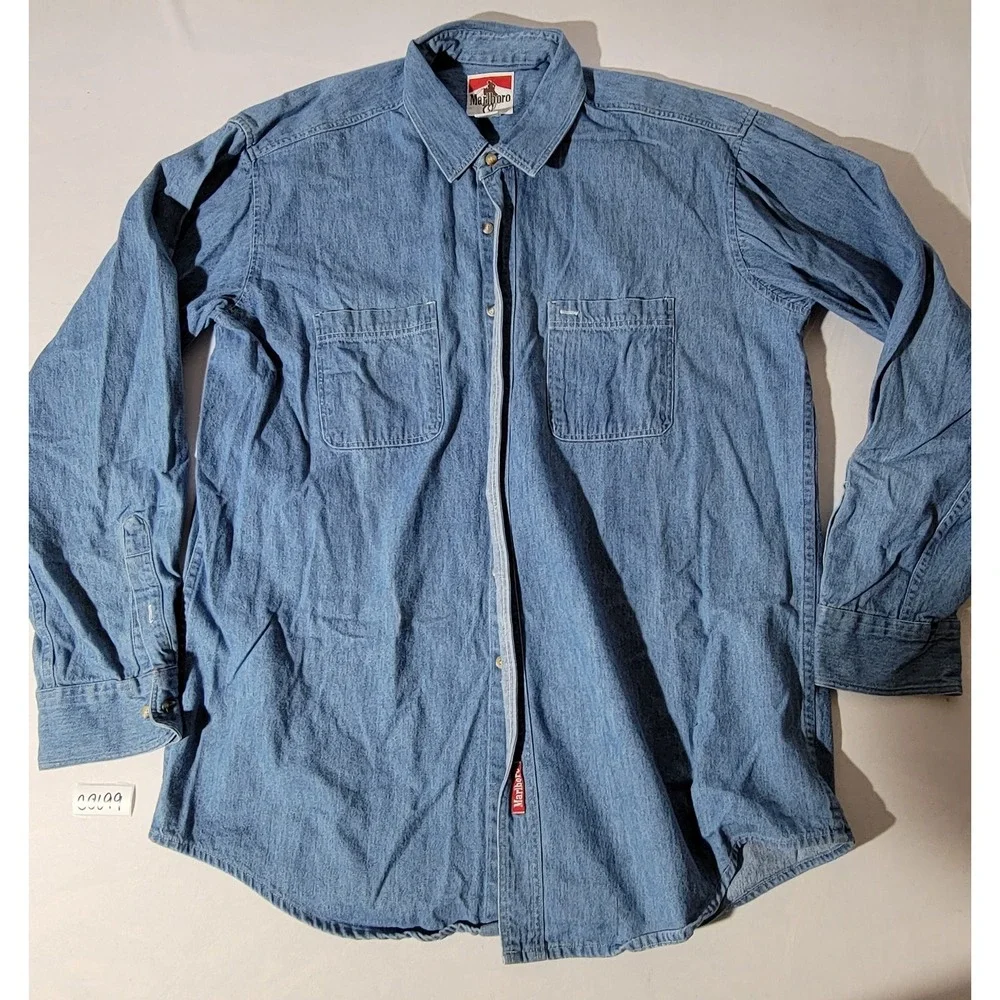 Vintage Marlboro Adventure Team Blue Denim Button Down Shirt Mens XL Made in USA